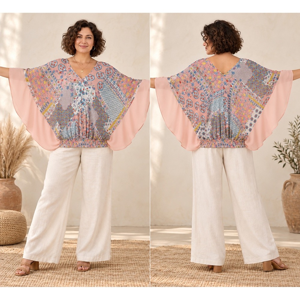 Boho Patchwork Pink Peach FloralFestival Cottage BatwingSleeve Smocked L/XL Top